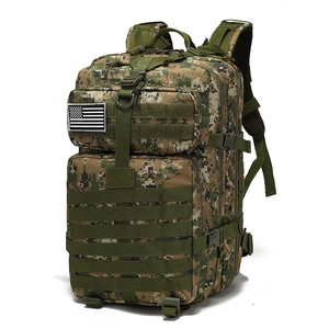 Detail of digital camouflage tactical backpack showing Molle system and nylon texture