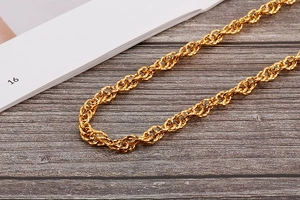 Detailed macro shot showing the gold rope chain texture and spiral link craftsmanship