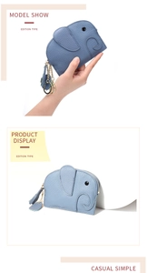 Blue elephant leather coin purse detail with metal zipper and golden keychain link