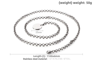 Détails de la chaîne de corps en acier de 1100mm avec pendentif rond de 25mm et tailles