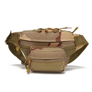 Detail of desert camo tactical waist bag with multi-pockets and adjustable buckle strap