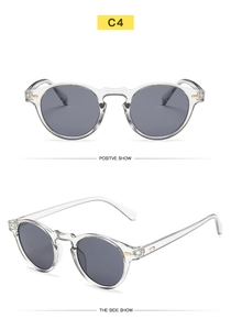 Detailed front and side view of retro round frame sunglasses with silver metal rivets