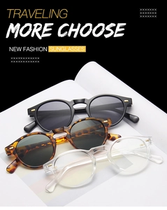 Three pairs of retro small frame sunglasses in black, tortoiseshell, and clear finishes