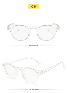 Detail view of transparent round frame glasses with golden hinges and C6 model code