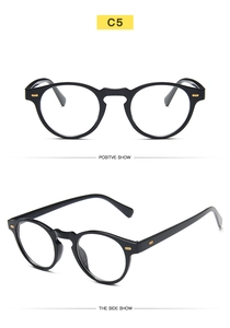 Front and side views of retro black small frame sunglasses with golden metal rivets