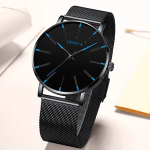 Detail of Geneva minimalist black mesh watch band and dial with blue markers