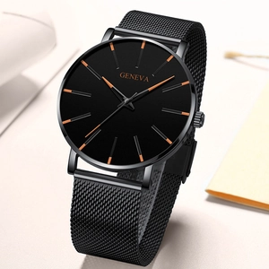 Close-up of Geneva ultra-thin men's watch with black mesh strap and rose gold markers