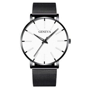 Close-up of minimalist white dial with black mesh strap on Geneva quartz watch
