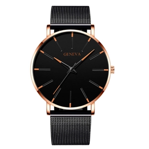 Detail of Geneva minimalist watch with black matte dial and rose gold mesh strap