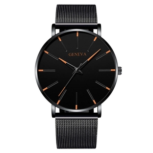 Close-up of black minimalist men's watch with orange markers and mesh metal strap