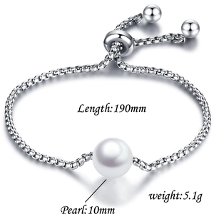Adjustable stainless steel box chain bracelet with a 10mm white pearl centerpiece