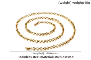 Detailed close-up of 6mm wide gold stainless steel rolo chain with lobster clasp