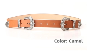 Macro detail of camel western belt featuring carved silver buckles and metal tip