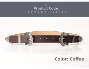 Detailed view of coffee leather belt with vintage floral engraved double metal buckles