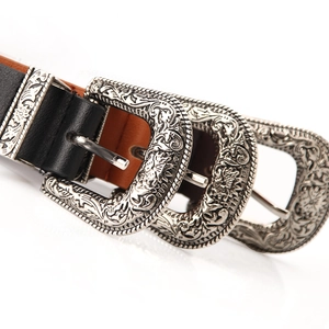 Vintage western-style leather belt with engraved double metal buckle for women