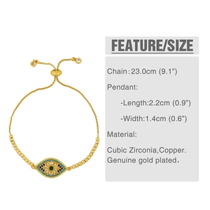 Detail view of gold evil eye bracelet showing 23cm adjustable length and zircon size