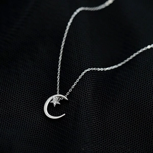925 Sterling Silver Crescent Moon and Star Zircon Pendant Necklace with Fine O-chain
