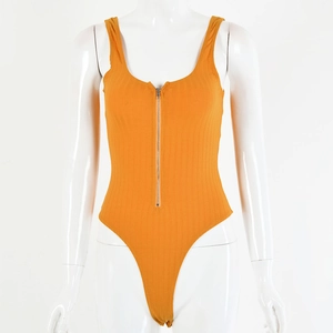 Close-up of orange ribbed knit bodysuit with U-neck, front zipper and high cut leg
