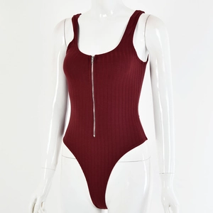 Detailed front view of a burgundy ribbed bodysuit featuring a functional silver zipper