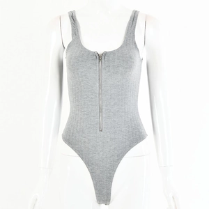 Detail view of grey ribbed knit sleeveless bodysuit with front zipper and high cut fit