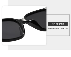 Detail of lightweight integrated nose pads on black square frame sunglasses for comfort