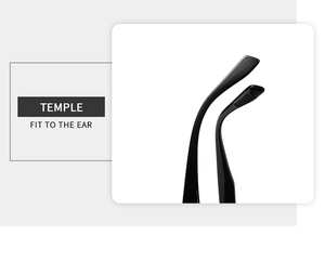 Detail of ergonomic black temple tips with anti-slip texture for a secure ear fit