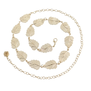 Elegant gold metal leaf waist chain for dresses with rose pendant adjustment