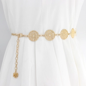 Elegant gold metal leaf belt with hollow floral pattern for women's white dress