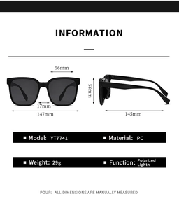Detailed size chart and specifications for polarized square frame oversized sunglasses