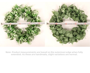 Detail view of 45cm artificial eucalyptus wreath with measurement for home decor