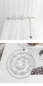 Detailed view of silver metal leaf chain belt with adjustable rose pendant for dresses