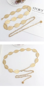 Detail of gold metal leaf waist chain featuring hollow leaves and rose charm