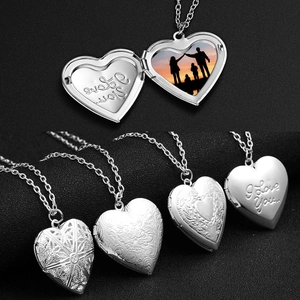 Engraved Heart Photo Locket Necklace Vintage Alloy Stainless Steel Openable Picture Frame Jewelry Women