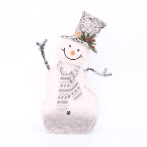 80cm flocked Christmas snowman decoration with gray scarf and lighted hat ornament
