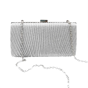 Silver pleated glitter evening clutch bag with metal chain strap for women