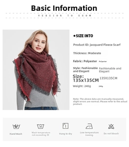 Detail view of wine red jacquard brushed scarf with grey tassels and 135x135cm size chart