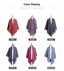 Close-up of knit fringed shawls in six diverse colors displayed on white background