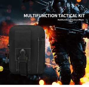 Detail of black nylon tactical phone pouch with buckle closure and MOLLE webbing system
