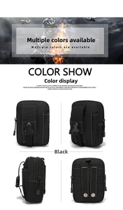 Detailed views of black tactical waist bag with MOLLE system and secure buckle closure