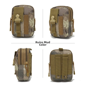 Detailed views of ruins camo tactical waist bag with MOLLE system and nylon pockets
