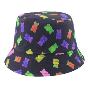 Detail of colorful gummy bear prints on premium black canvas summer sun bucket hat