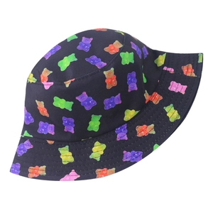 Double-sided sun protection bucket hat with colorful cartoon bear prints on black cotton