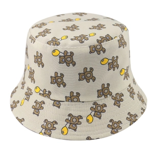 Cartoon Bear Print Cotton Bucket Hat Sun Protection Reversible Double Sided Wearable Casual Outdoor Fisherman Cap
