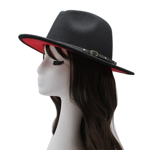 Fashionable red and black wool felt wide brim fedora hat with leather belt and metal buckle