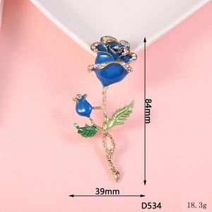 Blue rose brooch detail with green enamel petals and crystals, 84mm height, 18.3g weight