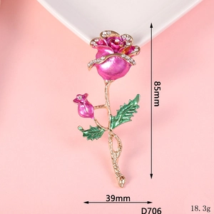 Pink and green rose flower brooch with rhinestones, 85mm x 39mm size and 18.3g weight details