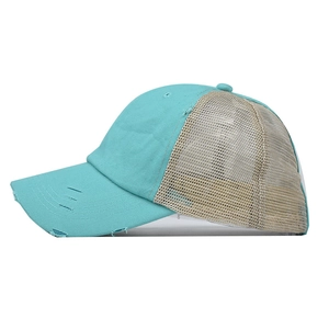 Gewaschene hellblaue Pferdeschwanz-Baseballkappe mit Distressed-Details und Mesh-Rückseite