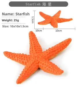 Detailed view of realistic orange starfish toy with dimensions and weight specs