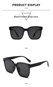 Front and side view of square black sunglasses with gray lenses and thick glossy frames