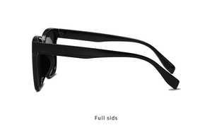 Side view of black square sunglasses with detailed parallel stripe texture on the temples